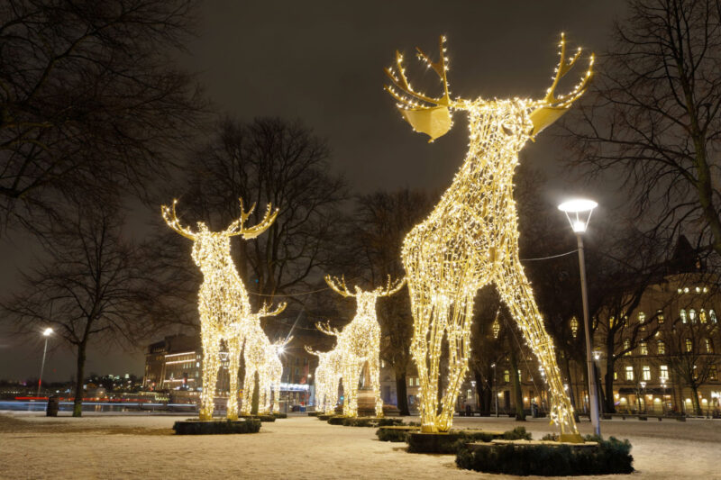 Gigantic elk or moose christmas decoration made of led light at Nybrokajen, Stockholm, Sweden